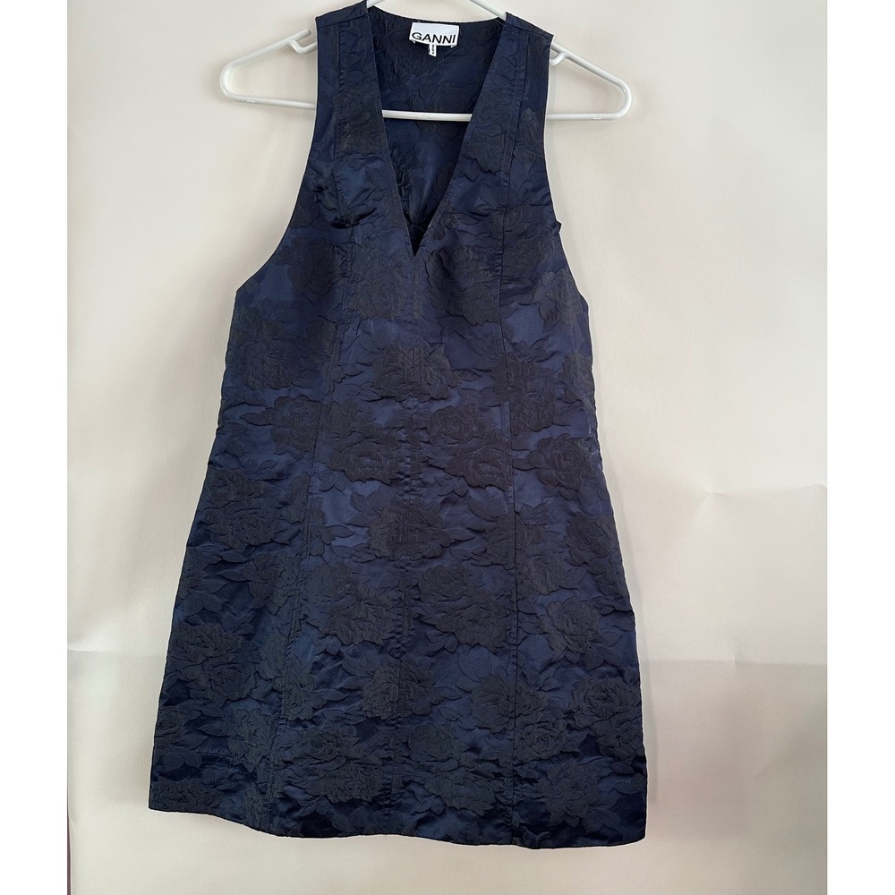 Ganni Navy Blue Botanical Jacquard Mini Dress V-Neck Knot Back Size 38 US 6